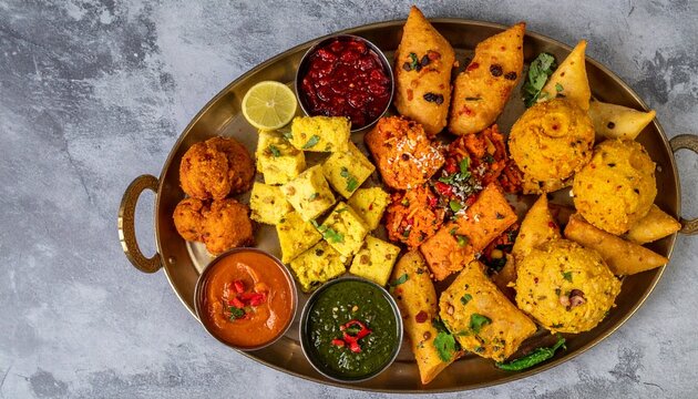 Traditional Indian farsan snack platter with savory treats and chutneys