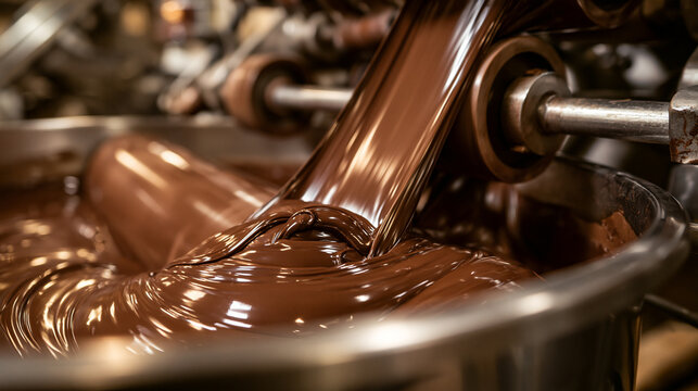 Molten dark chocolate flows from industrial machinery in a professional confectionery factory. High-quality production process concept for food industry and sweets manufacturing.