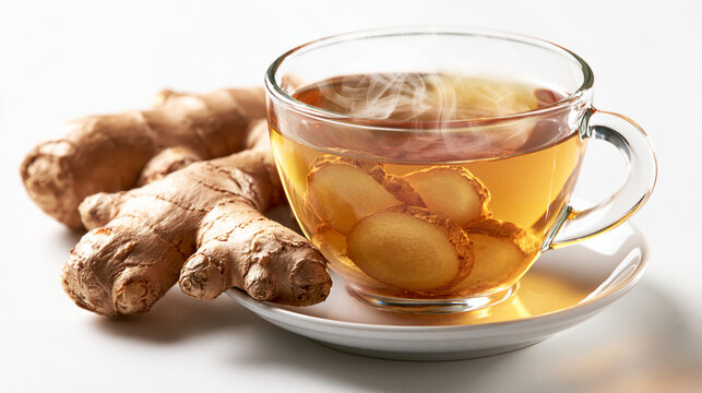 Steaming hot ginger tea in a clear glass cup with fresh root slices isolated on white background. Healthy beverage concept for natural wellness and immunity support.