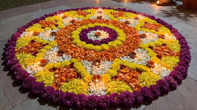 big mandala of colorful fresh flower petals, with burning candles at night on the diwali festival