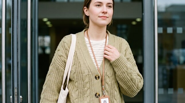 Generative AI, Young Professional with ID Badge Standing Outside Office Building