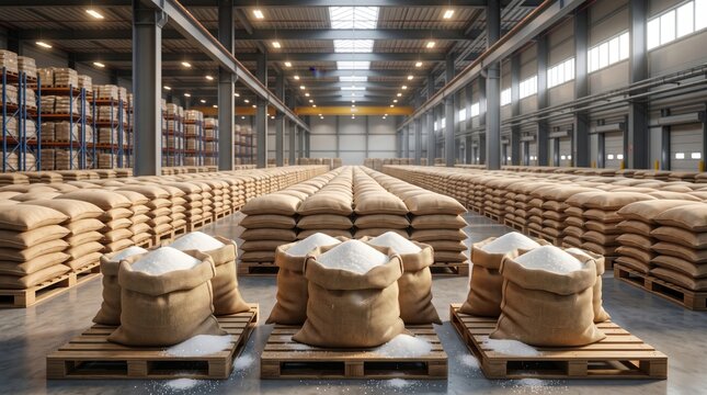 Large industrial warehouse filled with stacked bags of sugar on pallets, representing food production, bulk storage, logistics, commodity supply and industrial distribution