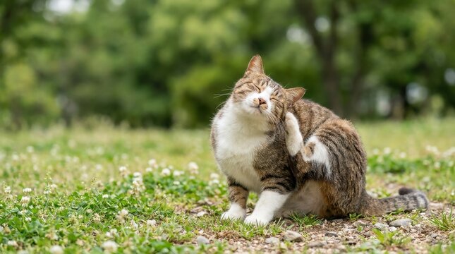 Tabby Cat Scratching Ear Outdoors in Green Grass Field.