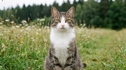 Naklejka premium Tabby Cat Sitting in a Field of Wildflowers with Forest Background.