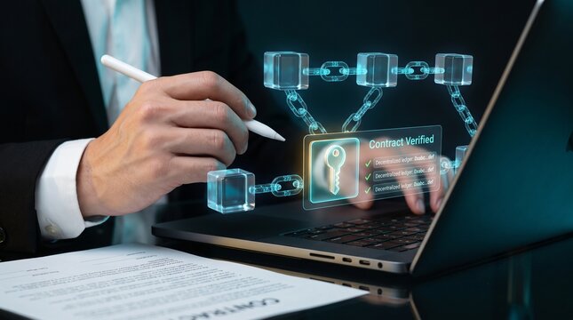 smart contract security and ledger authentication concept showing business professional analyzing contract document on laptop with glowing blockchain nodes, contract verified badge, and encrypted .