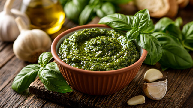 Fresh green pesto sauce in a ceramic bowl with basil and garlic on wood. Ideal for Italian food and culinary recipes.