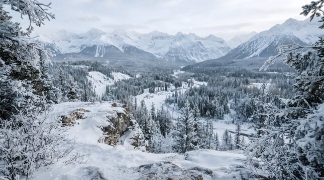 High angle view of snow covered mountains and pine trees