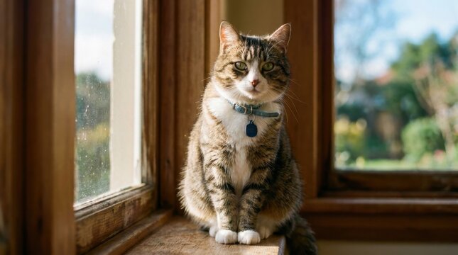 Tabby Cat Sitting on Windowsill Looking Out Window.