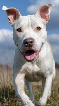 Happy white pit bull terrier outdoors under blue sky. Pitbull Awareness Month