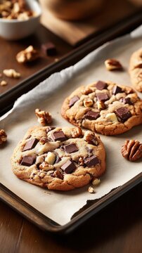 Delicious chocolate chip walnut cookies on baking tray National Food Month