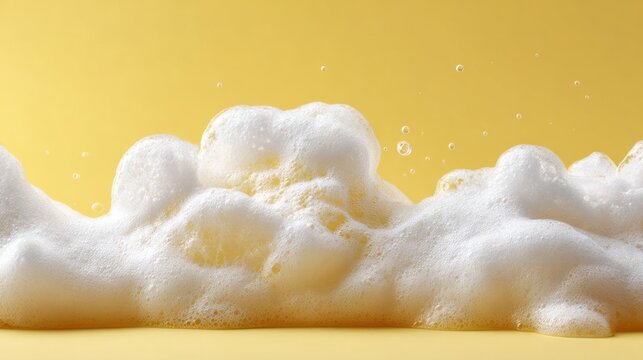 Effervescent soap bubbles against a vibrant yellow background