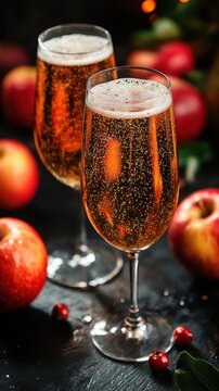 Sparkling apple cider in elegant glasses surrounded by fresh apples and berries. World Cider Day