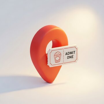 Red 3d location pin combined with a theater admit one ticket featuring a popcorn bucket on white background