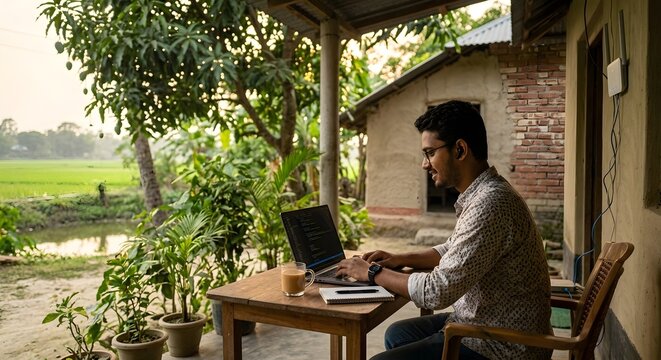 Young Asian Freelancer Working on Laptop from Rural Home Veranda with Garden View