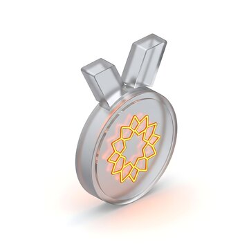 Silver medal with a glowing orange geometric star pattern inside a transparent circular frame on white background