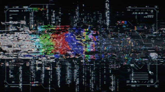 High-Tech Digital Distortion Background Featuring Colorful Glitch Effects and Futuristic Cybernetic Data Visualization