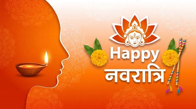 Happy Navratri Festival Greeting Background with Hindu Goddess Durga Face Illustration