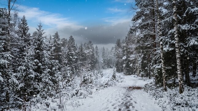 Footprints on a snowy forest path under a blue sky