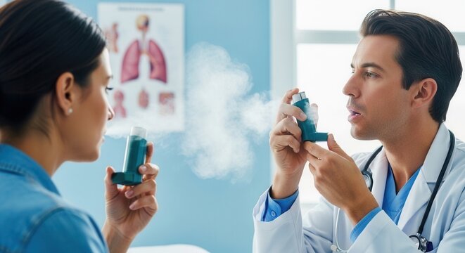 Doctor demonstrates asthma inhaler use to patient with respiratory condition during medical consultation in clinic