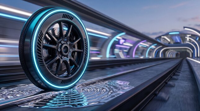 3D High-Speed Carbon Fiber Train Wheel with Neon Blue Ring on Liquid Silver Blurred Futuristic Station