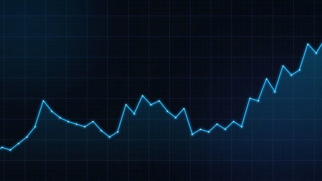 A luminous blue trend line rises across a digital financial grid representing volatile market fluctuations and economic growth patterns for corporate analysis within the global investment sector