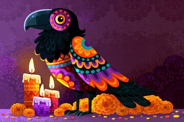 Naklejka premium Colorful Raven With Mexican Folk Patterns and Candles