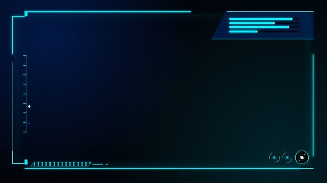 A glowing cyan digital frame displays complex technological data interfaces for a cinematic user experience within an advanced virtual reality simulation that showcases futuristic information