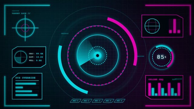 A futuristic holographic interface features neon cyan and magenta circular scanners alongside complex data panels to monitor electronic warfare systems within a high speed digital surveillance