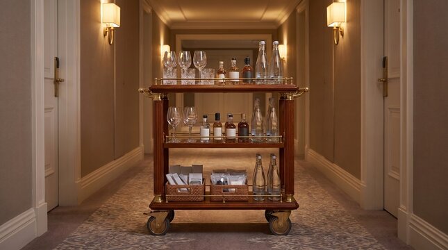 Luxury hotel minibar cart with drinks and glassware in a dimly lit elegant hallway corridor.