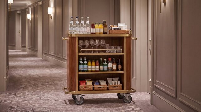 Hotel minibar cart with drinks and snacks in a luxury resort hallway corridor.