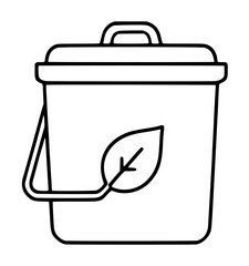 Hand drawn black line compost caddy bucket illustration featuring a leaf motif, minimal vector icon design with organic waste and recycling theme, clean outline sketch style © mdkaosarhabib