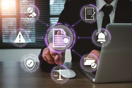 Artificial intelligence contract risk management concept with document analysis, compliance, legal technology, contract review, digital signature and intelligent automation.