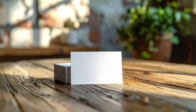 Blank white business card mockup on stack placed on rustic wooden table with warm sunlight, professional branding identity template setup in cozy office atmosphere for presentation.