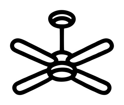 Bold black hand-drawn ceiling fan icon with four elongated blades, oval center, and ceiling mount in a clean vector illustration style