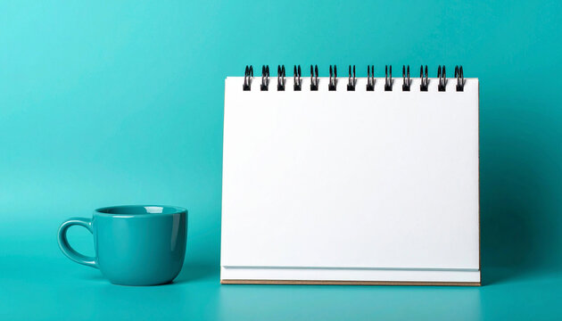 Blank spiral desk calendar flip chart mockup beside teal coffee mug on vibrant turquoise background, minimalist scheduling, event planning, deadline, and goal setting banner concept.