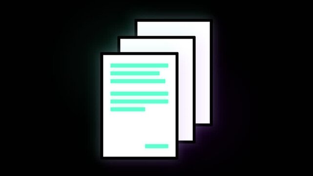 A stacked arrangement of digital documents features glowing teal text lines and represents organized information processing workflows for professional corporate communication within a dark neon