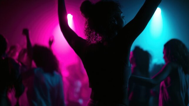 Silhouetted dancer with raised arms in a vibrant nightclub scene, surrounded by colorful lights and other partygoers