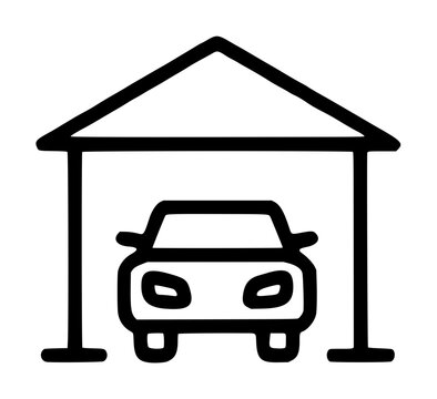 Hand-traced vector icon illustration of a car parked inside a simple line-drawn carport shelter with pitched roof and open sides, rendered in clean black outline style on white background for
