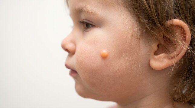 Child cheek with single raised yellow molluscum contagiosum papule