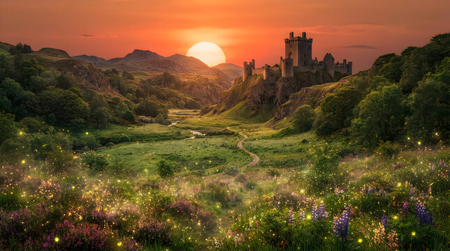 Old stone castle on a green hill during a beautiful orange sunset in the countryside