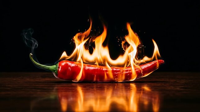 Spicy red chili pepper burning in bright flames on dark surface with vegetable reflection lighting