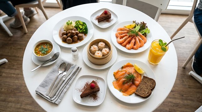 Assorted dishes including dumplings salmon soup and desserts served on a round white dining table