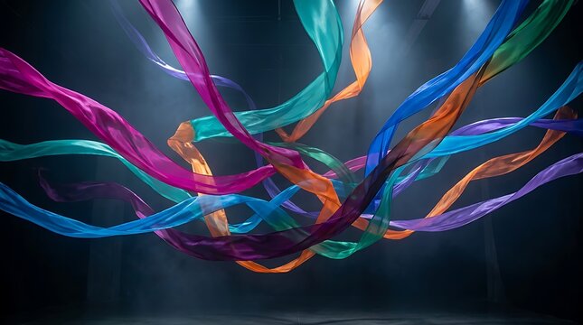 Dynamic flowing colourful fabric ribbons floating in mid-air against dark studio background