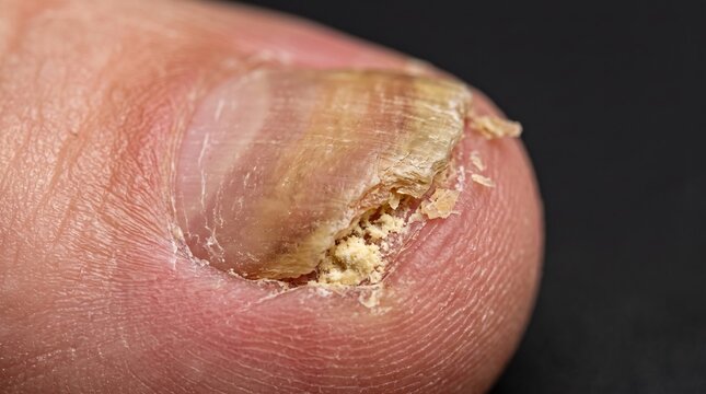 Severe onychomycosis fungal infection with crumbly subungual hyperkeratosis on toenail