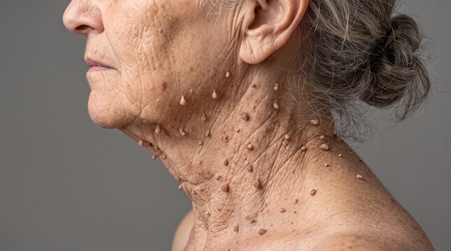 Multiple acrochordons skin tags and aging wrinkles on elderly woman neck profile