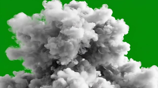 Dense white smoke explosion on green background with thick clouds and dynamic motion effect