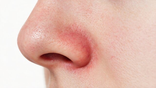 Rosacea with redness and visible dilated capillaries on side of female nose