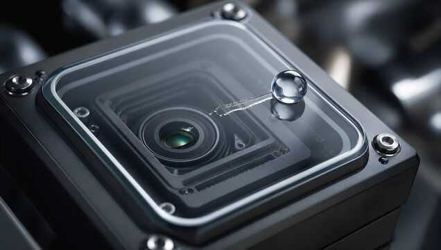 Action camera housing with water droplet and lens in close up detail