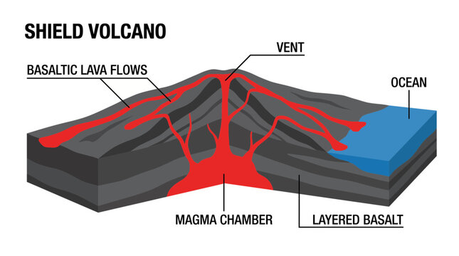 Shield Volcano Cross Section with Basaltic Lava Flow Diagram