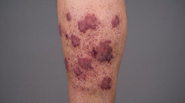 Severe vasculitis purpura rash and dark red lesions on leg